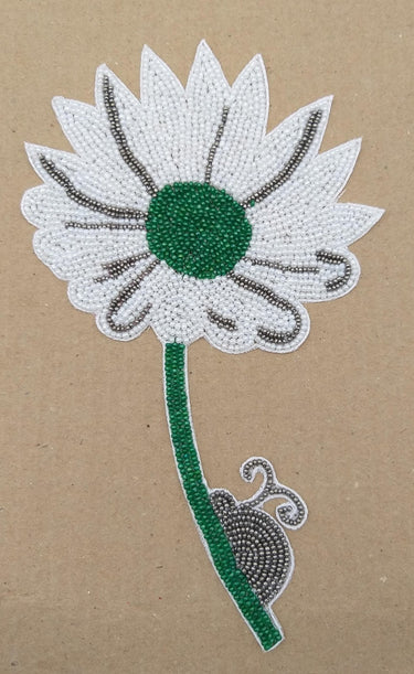 Hand Embroidered White and Green Floral Applique With Snail, Beaded Applique, 1 Piece
